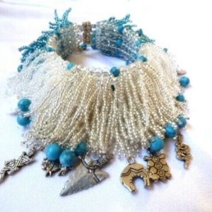 Boho Chunky Blue & White Turquoise Glass Seed Multi Bead Fringe Bracelet  Fetish